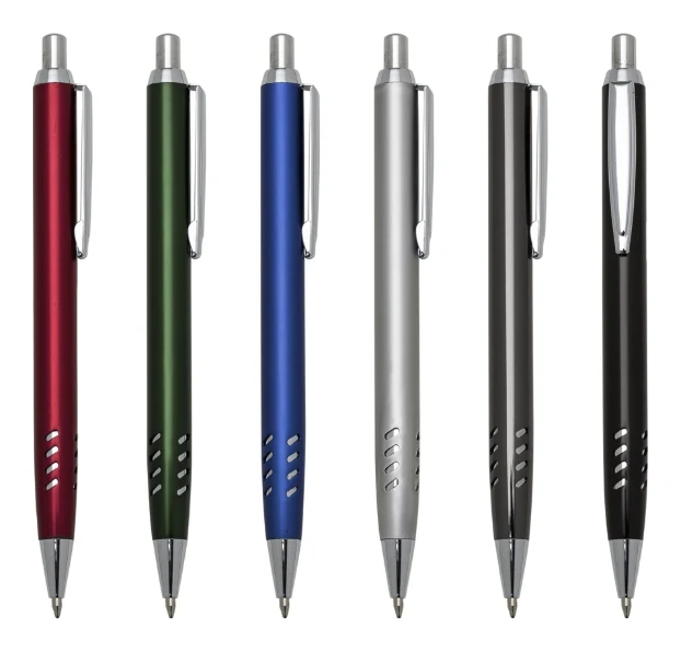 Seis canetas com acionamento nas cores vermelho, verde, azul, prata, grafite e preto
